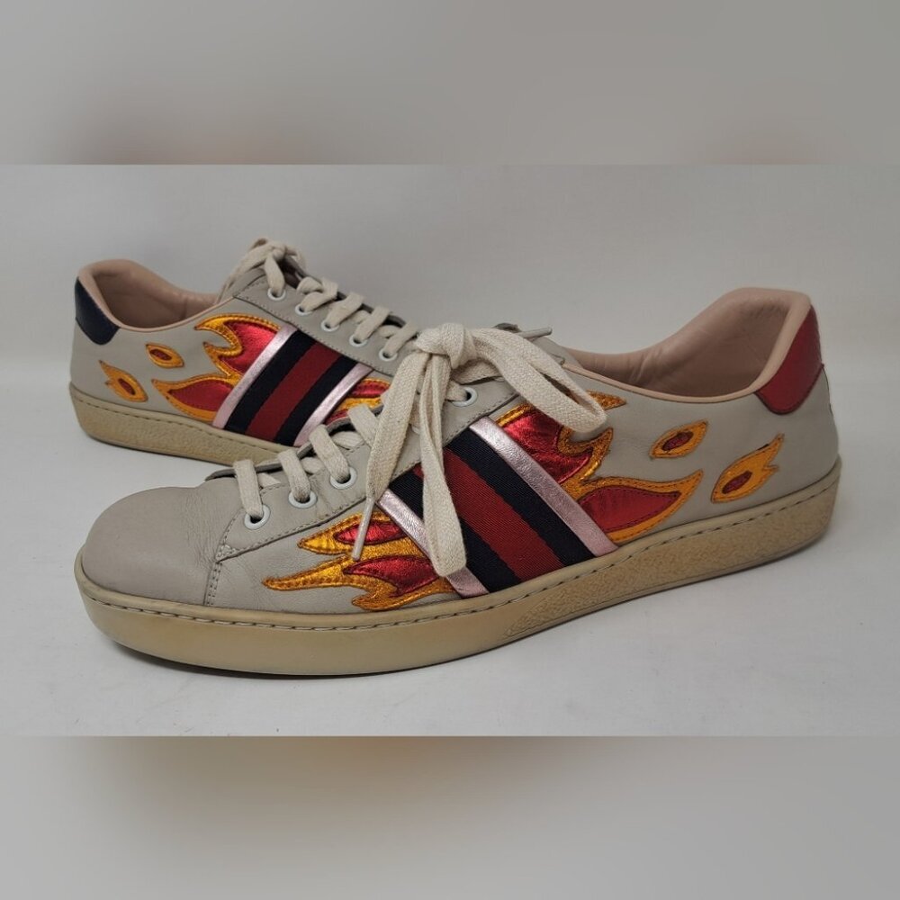Gucci Men's Ace Sneakers Shoes Trainers Lace Up Neutral Flames Italy 8 US 42 EU